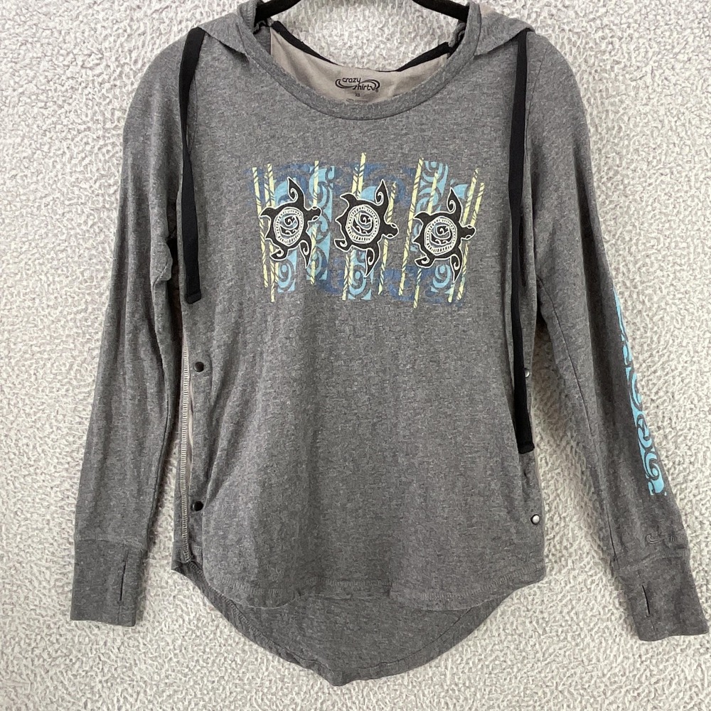 Crazy Shirts Hoodie Women XS Gray Pullover Turtle Print Lightweight Aloha Hawaii